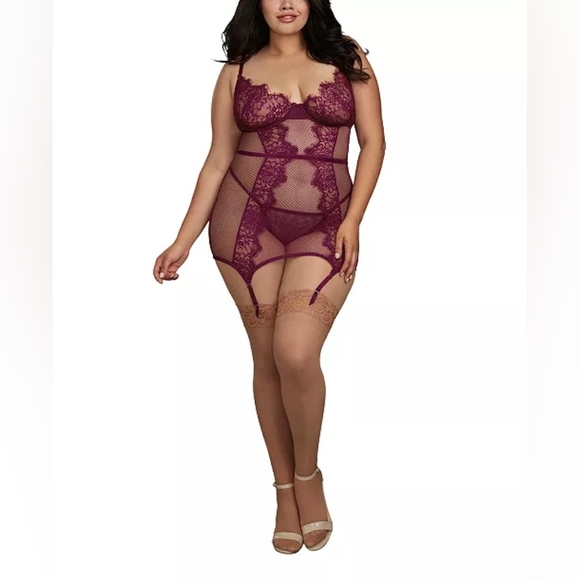 DREAMGIRL | "What A Mesh" Fishnet & Lace Chemise in Mulberry sz 3X - Picture 4 of 8